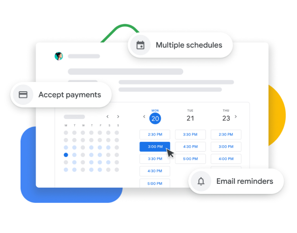 Hình minh hoạ Lịch Google với tính năng lên lịch hẹn, cho phép người dùng chấp nhận các khoản thanh toán, xác minh với khách hàng và gửi email nhắc nhở.