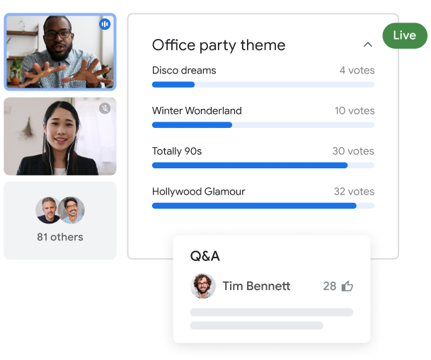 Panggilan Google Meet dengan 83 peserta yang memperlihatkan dua pengguna yang disorot membuat polling untuk tema pesta kantor dengan berbagai respons.