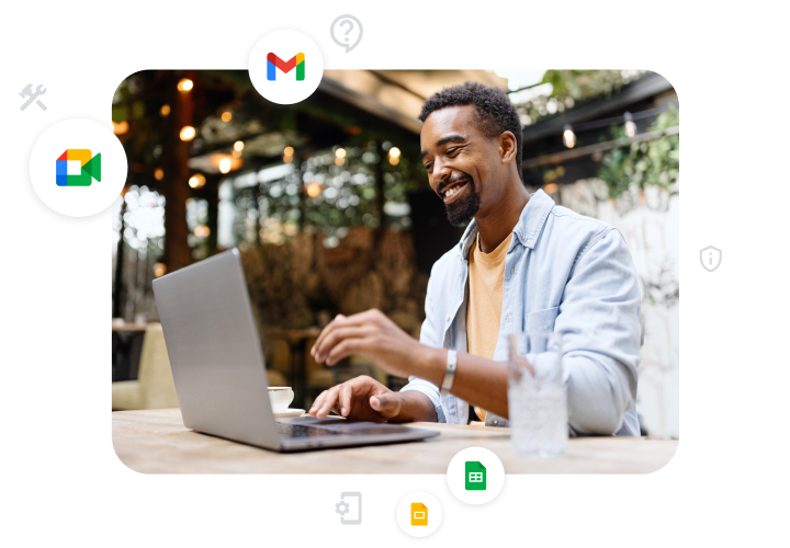 Vizuális ábrázolás egy Google Workspace-ügyfélről a laptopjával, amelyen a Google Meet, a Gmail, a Diák és a Táblázatok ikonjai láthatók. 