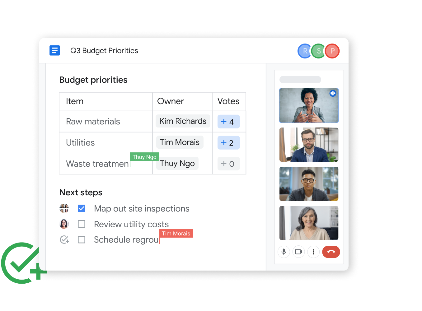 Immagine dell'interfaccia di Google Workspace: modifiche collaborative a un documento durante una chiamata di Meet