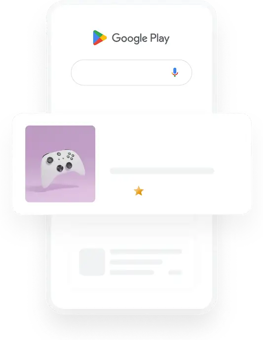 Tālruņa ilustrācijā redzams Google Play meklēšanas vaicājums “Gaming App” (spēļu lietotne), kā rezultātā tiek parādīta atbilstoša lietotnes reklāma.
