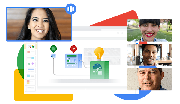איור שמוצגים בו אנשים בשיחה ב-Google Meet שמשתפים פעולה ביצירת מצגת ב-Google Slides. 