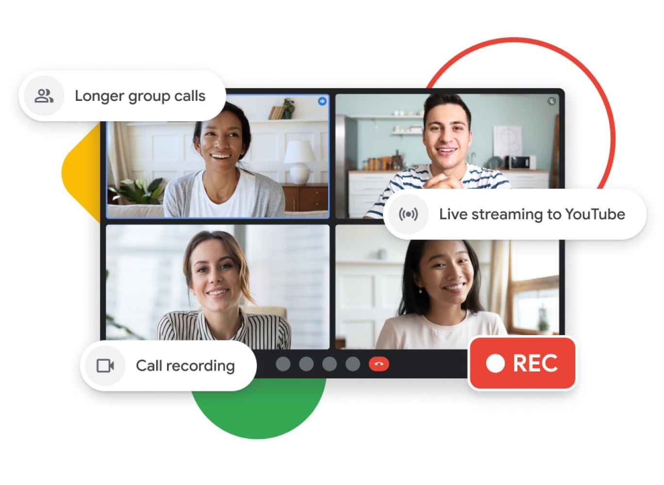 Grafisk illustration av ett Google Meet-samtal med längre gruppsamtal, livestreaming till YouTube och funktioner för inspelning av samtal.