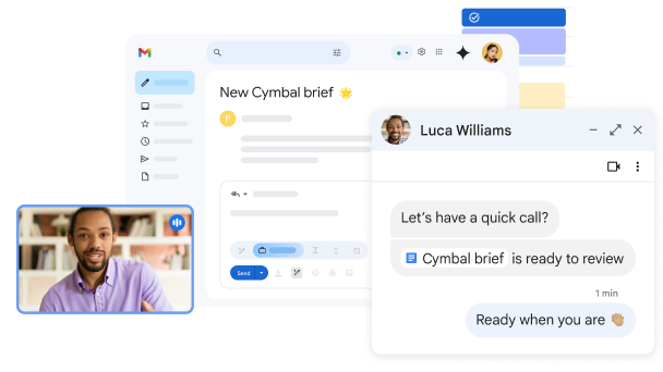 Диалоговые окна Chat, Календаря и Meet в интерфейсе Gmail.