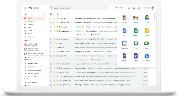 Gmail UI with other Google Workspace apps in settings dropdown 
