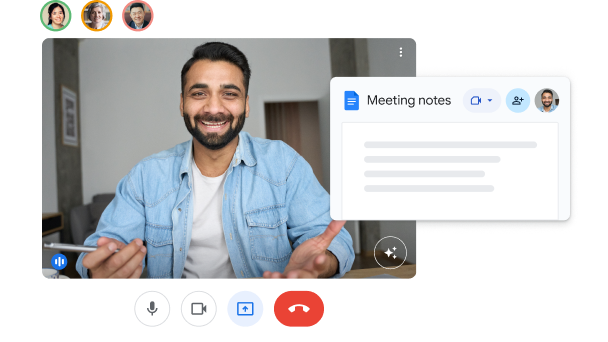 פגישה בין כמה אנשים ב-Google Meet ומסמך Google Docs של סיכום הפגישה. 