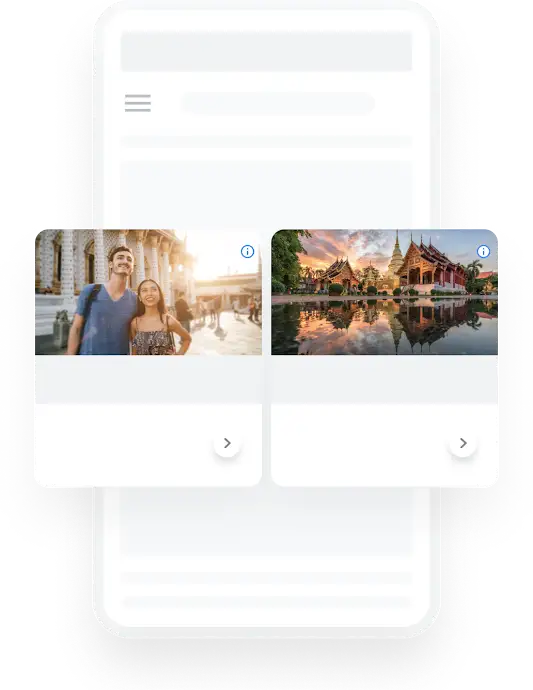 Illustration af en telefon, der viser en Google Søgning efter “ferie i Sydøstasien”, som har resulteret i relaterede displayannoncer.
