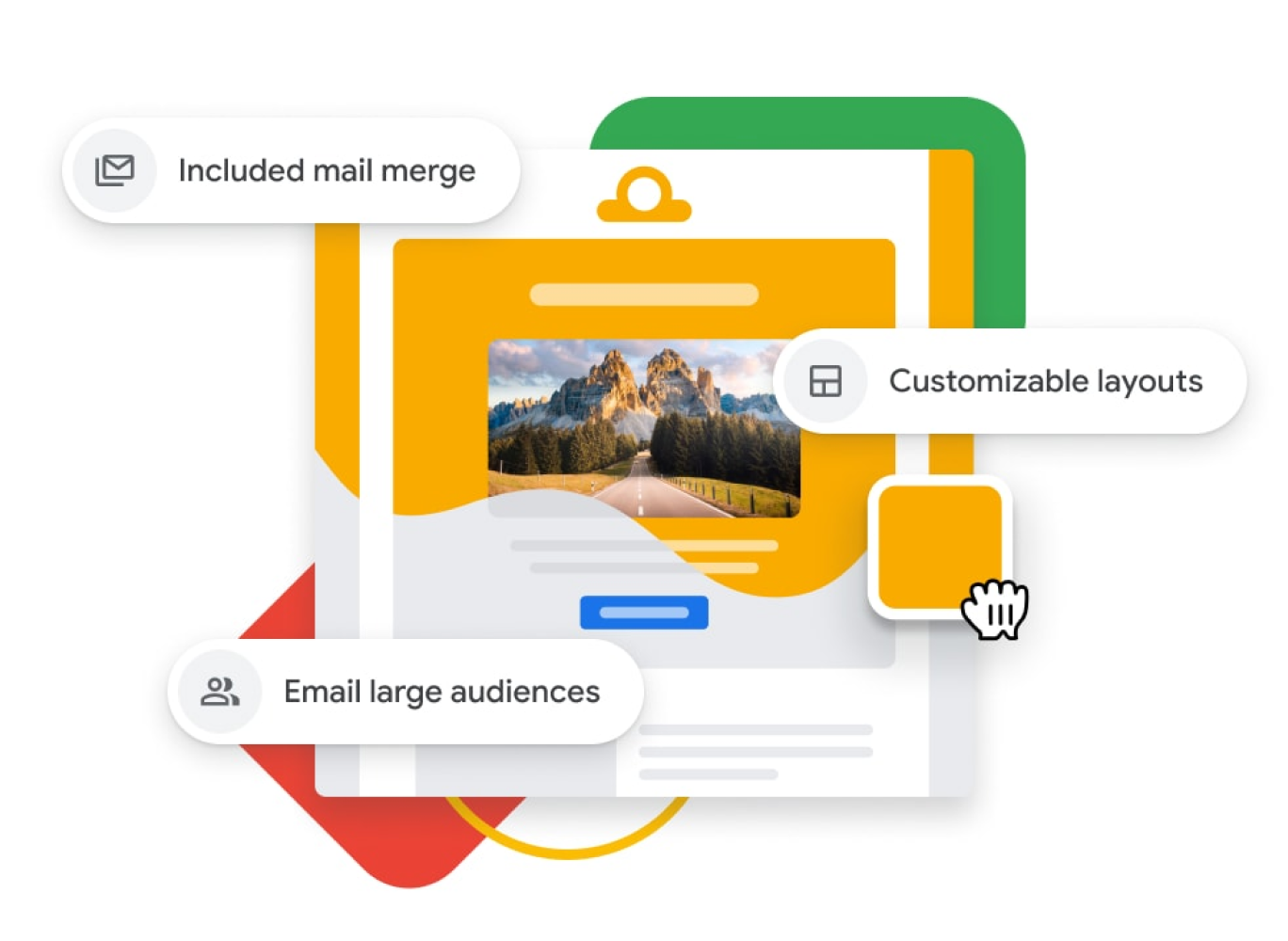 ドラッグ＆ドロップツール、メールへの差し込み機能が利用でき、多数の宛先への送信に対応しているカスタマイズされたメール キャンペーンの画像。