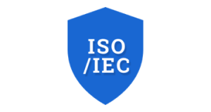 Huruf ISO dan IEC dalam logo perisai biru