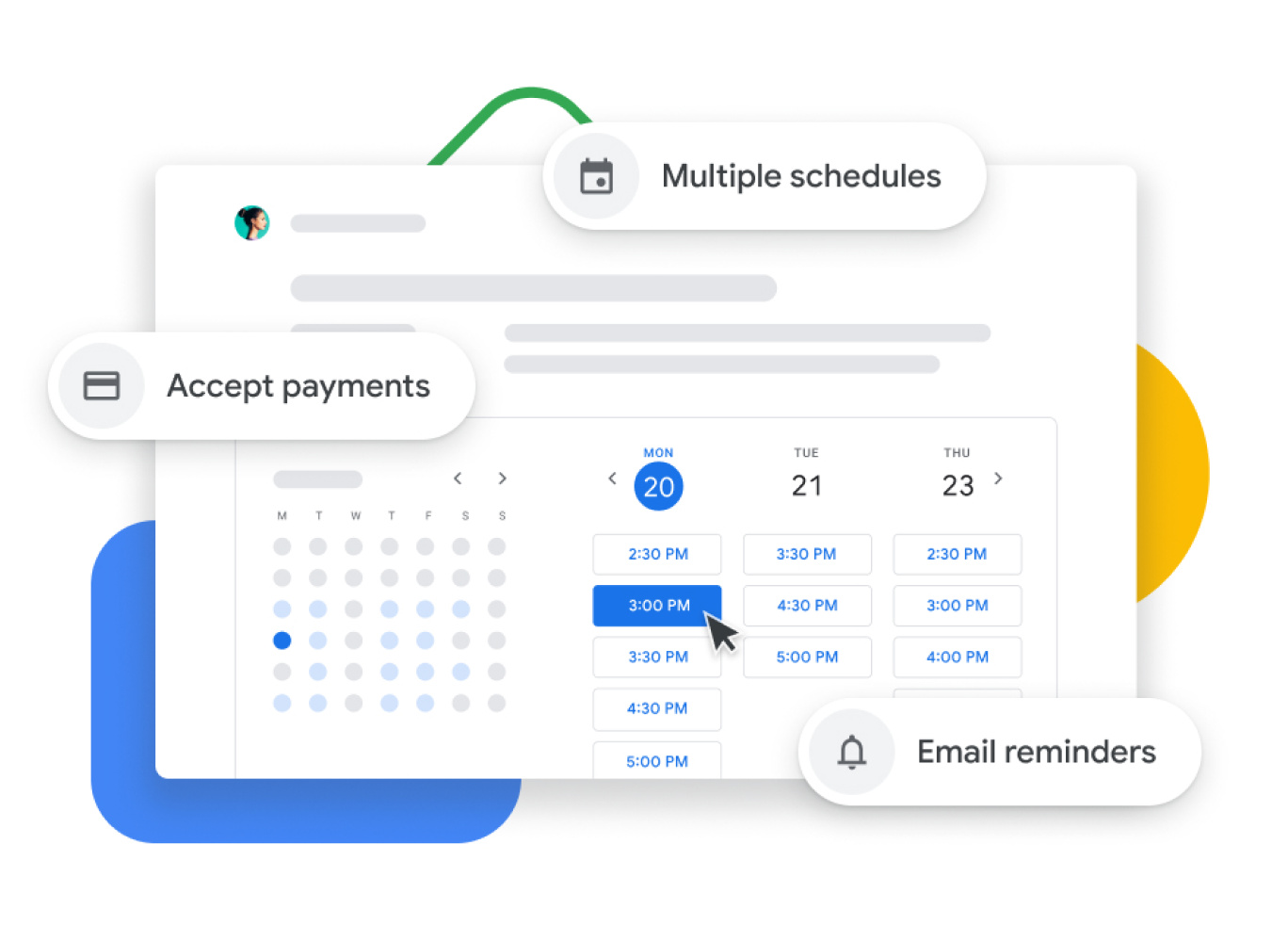 Vizuális ábrázolás a Google Naptár időpont-egyeztetési funkciójáról, amely lehetővé teszi a felhasználók számára a befizetések kezelését, a visszajelzést az ügyfeleknek és emlékeztető e-mailek küldését.