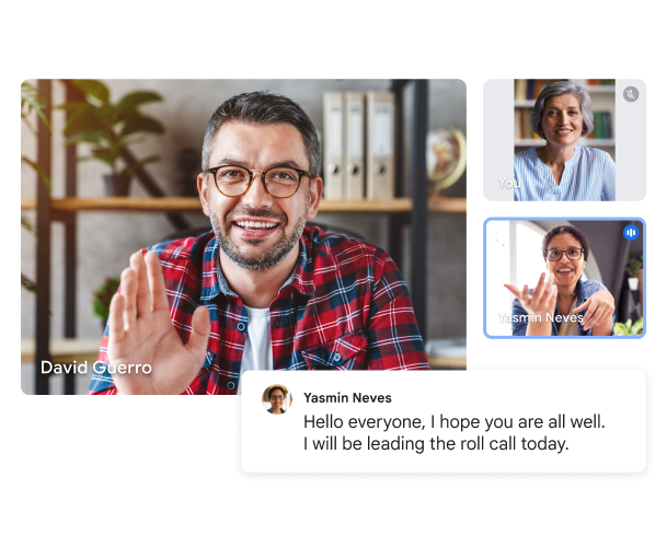 Videochamada do Google Meet que mostra três utilizadores e uma transcrição instantânea que diz: "Olá a todos! Espero que se encontrem bem. Serei eu a fazer o registo de presenças de hoje.” 
