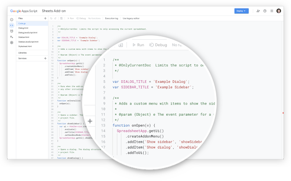 ממשק המשתמש של Apps Script פתוח לתוסף Sheets, ומוצג בו בלוק קוד