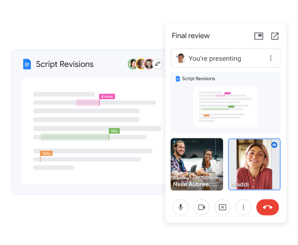 3 gebruikers in een Google Meet-gesprek werken in realtime samen aan een Google-document.