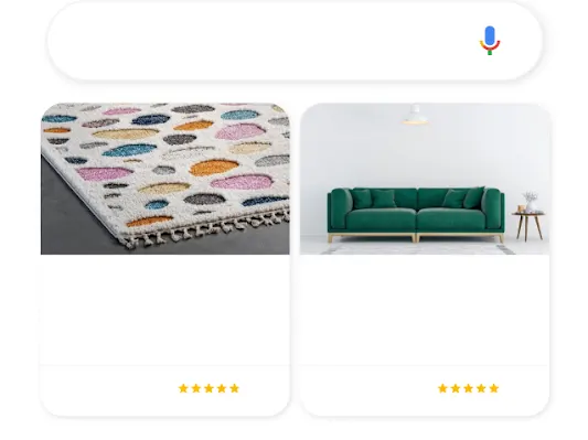 Il·lustració d’un telèfon en què es mostra una consulta de cerca de Google de decoració de la llar que dona lloc a dos anuncis rellevants de compres.