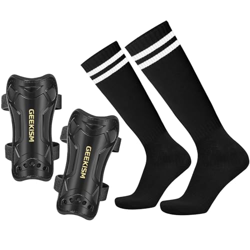 GeekSport Youth Soccer Shin Guards Toddler Soccer Shin Pads USA Child Calf Protective Gear for 3 5 4-6 7-9 10-12 Years Old Girls Boys Children Kids Teenagers with Soccer Socks Black M 3'10-4'8 Tall