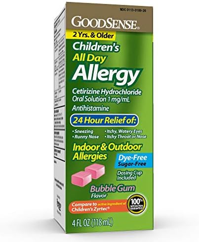 GoodSense Children's All Day Allergy Relief, Cetirizine Hydrochloride Oral Solution 1 mg/mL, Bubble Gum Flavor, Dye Free, Sugar Free, 4 Fluid Ounce