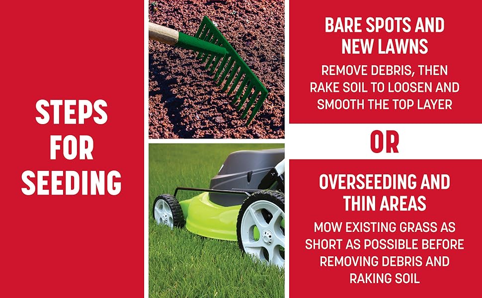 For bare spots and new lawns, remove debris then rake. For overseeding and thin lawns, mow first.