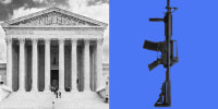 A side by side of supreme court building and AR-15 rifle