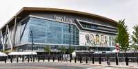 An outside view of the Fiserv Forum arena