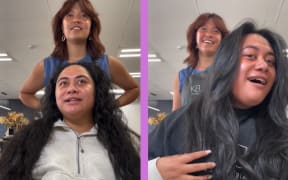 A composite image. Two screenshots from a video showing a hair transformation. On the left, a woman with long black curly hair is talking to Jasmine about what she wants. On the right, is her reaction to her haircut, with long bangs and layers cut in. She is smiling and touching her hair while Jasmine looks satisfied.