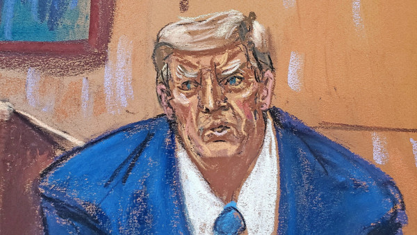Donald Trump beim New Yorker Strafprozess, porträtiert von der Gerichtszeichnerin Jane Rosenberg