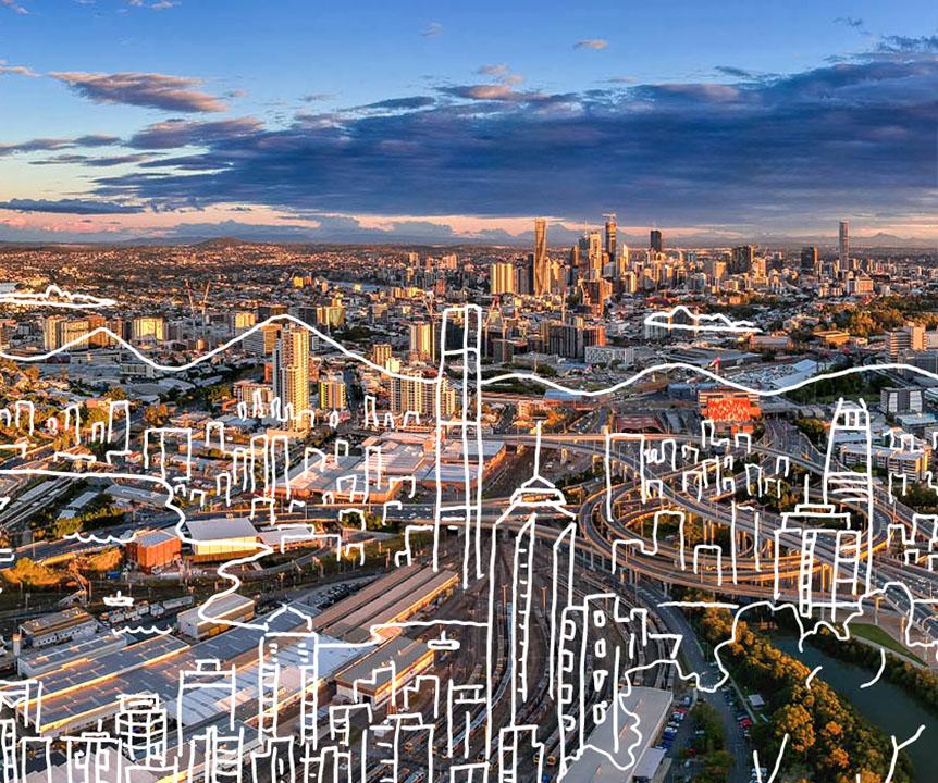 Aerial view of Brisbane with overlaid white lines imagining future buildings