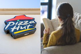 Pizza Hut and child reading.