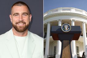 Travis Kelce attends the Los Angeles Premiere Of Netflix's "Quarterback" ; Presidential seal on podium in front of the south portico of the White House, the Truman Balcony, in Washington