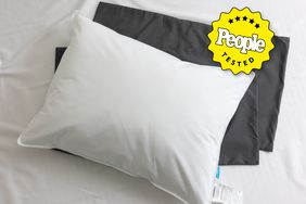 One of the best cooling pillows on pillowcases on a bed with a People Tested badge. 