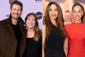 Glen Powell and his mother Cyndy Powell; Adria Arjona (R) and her mother Leslie Torres Arjona