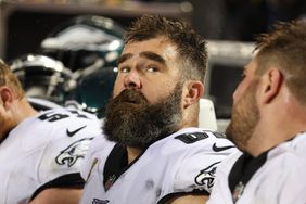 Philadelphia Eagles center Jason Kelce (62) on the sidelines in the second quarter of an NFL football game between the Philadelphia Eagles and Kansas City Chiefs on Nov 20, 2023 at GEHA Field at Arrowhead Stadium in Kansas City, MO