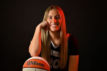 Kate Martin #20 of the Las Vegas Aces poses for a head shot during the WNBA media day at Vu Studios on May 03, 2024 in Las Vegas, Nevada.