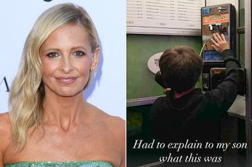 Sarah Michelle Gellar and son with payphone