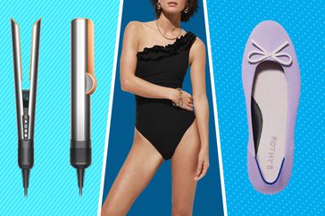 Collage of a hair straightener, a model in a black swimsuit and a pair of Rothy's shoes on different blue backgrounds