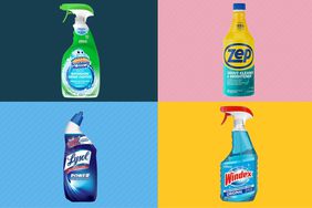 Bathroom Cleaning Products arranged on a colorful background