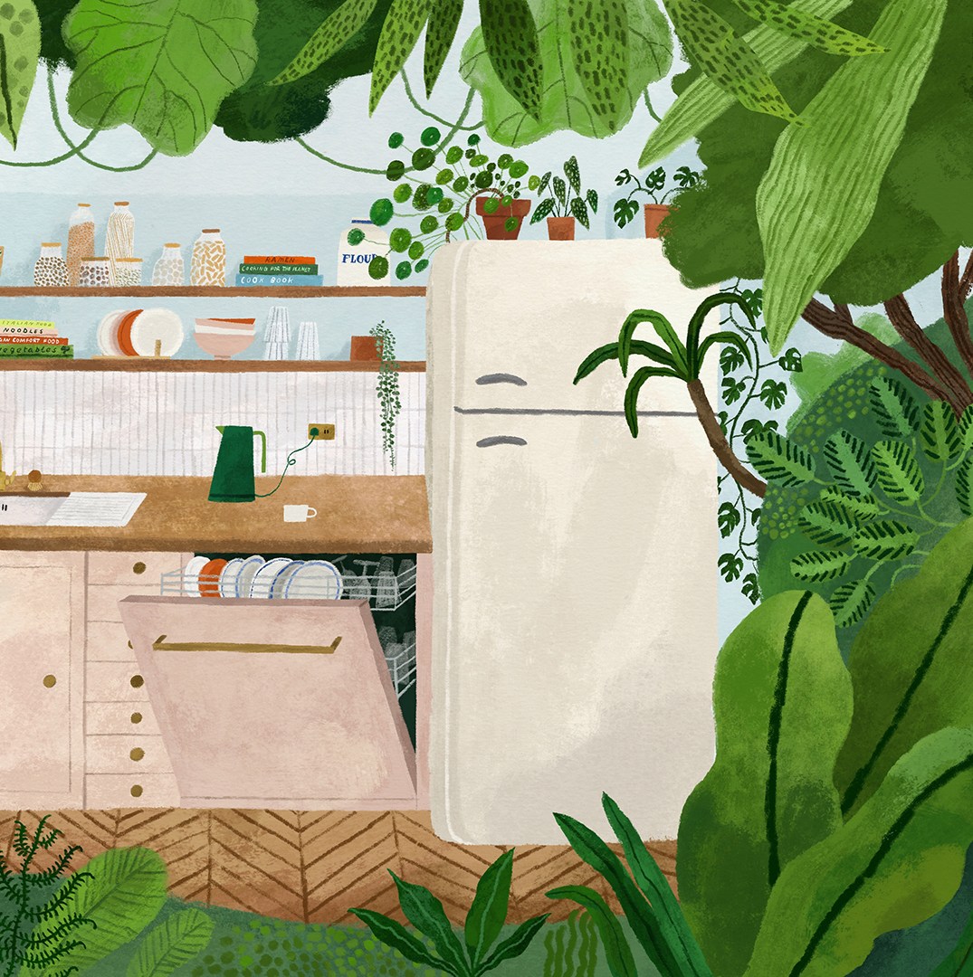 An illustrated kitchen scene with a sink, open dish washer, and refrigerator seen through a frame of lush greenery.