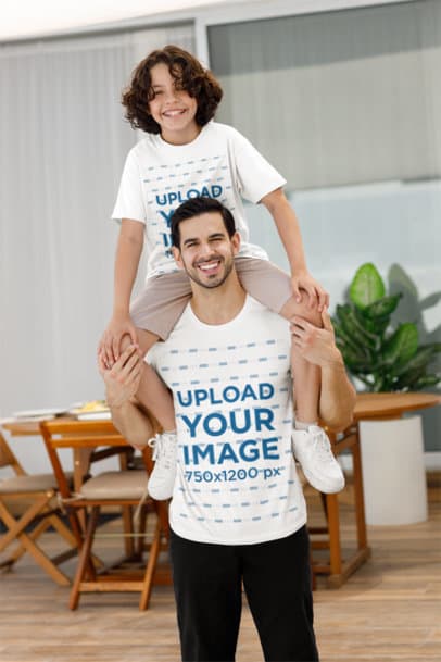 Bella Canvas Tee Mockup Featuring a Happy Man Giving a Piggyride to His Son m39454