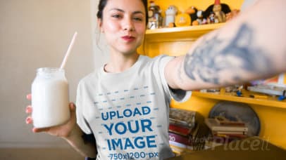 Selfie T-Shirt Video of a Woman Drinking a Milkshake 17115