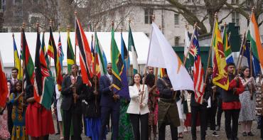 Flag bearers representing Commonwealth countries during the 2022 Commonwealth Day service at Westminster Abbey.