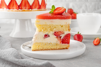 Fraisier mousse cake. Strawberry cake with sponge cake, mousse and jelly. Summer dessert.