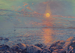 Утренний пейзаж : море и Луна , освещённая солнцем