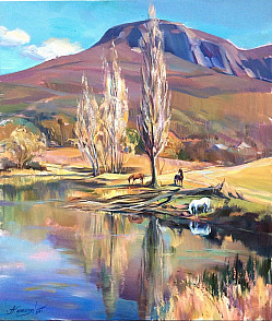  Серия горные речки КрымаУ горы Бойка, его отражение в водной глади Куртлерского озера 