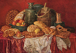 Акварельный натюрморт с самоваром и хлебами
