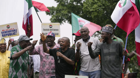 A file photo showing Nigerian Labour Congress President Joe Ajaero speaking during a protest against the recent increase in the electricity tariff, in Abuja Nigeria on Monday, May 13, 2024.