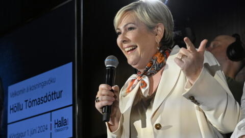 Icelandic Presidential candidate Halla Tomasdottir addresses supporters after the exit polls suggested she won the race for the Presidency in Reykjavik, on June 2, 2024.
