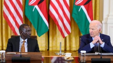 US President Joe Biden and Kenya's President William Ruto take part in an event with CEOs and business leaders in the White House in Washington, DC on May 22, 2024.