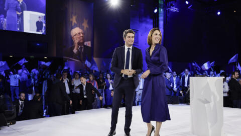 European Parliament candidate Valérie Hayer with Prime Minister Gabriel Attal after her final campaign rally in Aubervilliers on June 1, 2024.