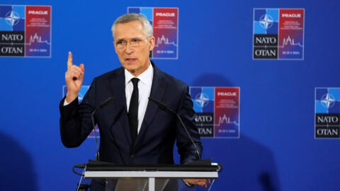 NATO Secretary General Jens Stoltenberg speaks after a meeting of NATO foreign ministers at the Czernin Palace, in Prague, Czech Republic on May 31, 2024.