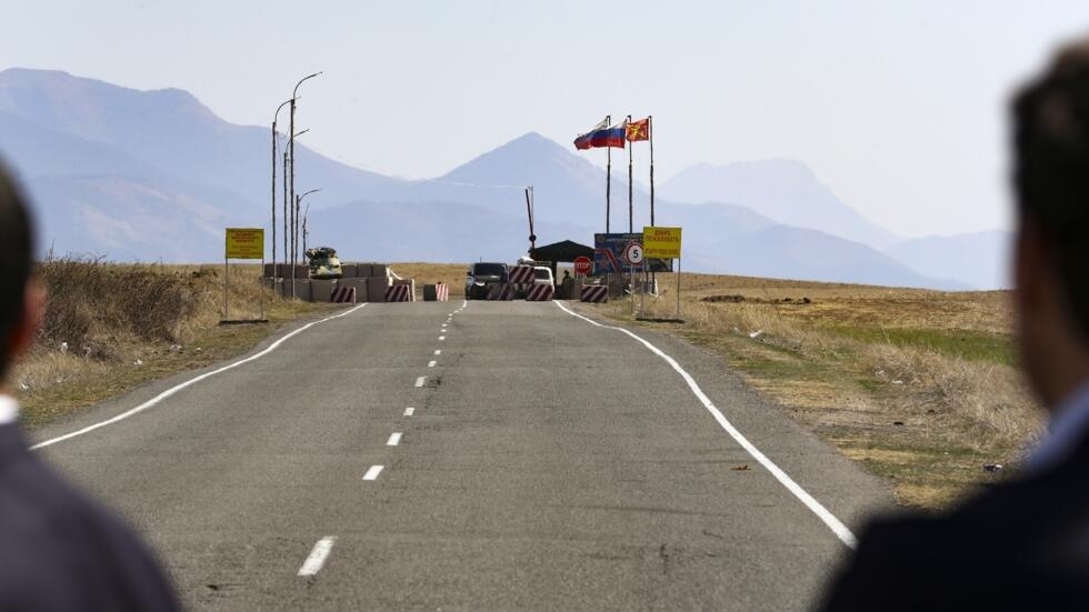 A checkpoint of the Russia peacekeeping force is seen on a road towards the separatist region of Nagorno-Karabakh in Armenia, Tuesday, March 14, 2023. Armenian Prime Minister Nikol Pashinyan on Tuesday accused the Moscow-dominated security alliance of leaving his country in the cold in the face of a threat of renewed hostilities with neighboring Azerbaijan. 