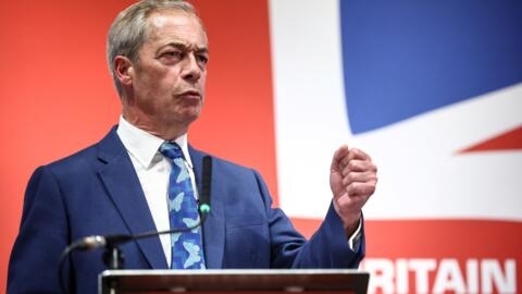 Honorary President of the Britain's right-wing populist party Reform UK and newly appointed leader Nigel Farage speaks during a campaign meeting, on June 3, 2024.
